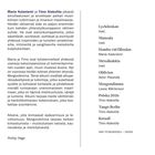 Texte beschreiben die Zusammenarbeit von Maria Kalaniemi und Timo Alakotila in einem Album namens "Morgondimma". Links ist finnischer Text über ihre kreative Dynamik und die emotionale Reise des Albums. Rechts ist eine Liste von Musikstücken mit Titeln wie "Lyckönskan", "Munsala", und "Oblivion".
