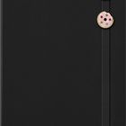 Notizbuch in Schwarz mit elastischem Band, verziert mit Kaffee-Tassen und Donut Pins.