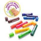 "Leicht mit Wasser wegzuwischen" in Kreis, Hand wischt mit Schwamm. Verschiedene bunte Stifte mit "BaffPAINTS".