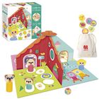 Spielset "Goldilocks and the 3 Bears"; bunte Spielfläche mit Figuren, Würfel und Stoffbeutel.