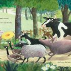 Text: "At teatime, everyone arrived. 'Please, do all come in!' said Maudie." Illustration: Kind begrüßt Tiere im Wald.