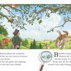 Text: "The view from the top of Wildwood Heath was wonderful. The wind had dropped, and the sun was warm as everyone tucked into one of Percy’s best-ever picnics. The afternoon was filled with fun and games and exploring and discovering. Races were run and trees were climbed.

Butterflies and grasshoppers were admired and one mouse was lost, and then found, in the picnic basket. By the time the sun began to set, the animals were really looking forward to bedtime."

Im Wald spielen Tiere fröhlich. Ein Mann schaut auf sie. Szenen mit einer Lupe und Schmetterlingen.