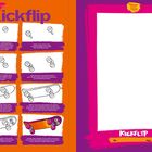 "How to Draw Kickflip" steht oben. Darunter sind neun Schritte zum Zeichnen eines Skateboards mit Anleitungen in Bildern. Links Text und Bilder, rechts ein leerer Rahmen mit "Kickflip By ____ Age ____".
