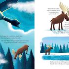 Titel und Texte über eine Reise eines Vogels, der mit einem Elch interagiert, illustriert mit Wald- und Tiermotiven.