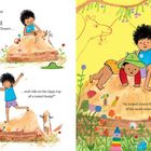 Links: „In the sandpit, Shingai piled sand...“ Rechts: „He helped Aneni-Rose climb...“ Zwei Kinder spielen am Sandhügel mit Katze.