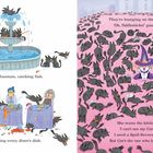 „They're in the fountain, catching fish.“ Katzen spielen im Brunnen. „They're lounging on the town hall lawn.“ Katzen auf rosa Wiese.