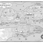 Karte von Starsgard mit Vierteln wie Royal, Garden und Artisans'. Segelschiffe und Kompassrose im historischen Stil.