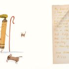 Notiztext: "My Dearest Duncan, I have discovered my calling under your fridge!" Illustration eines beigen Buntstifts mit Hunden.