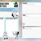 "Write Your Own Haunting Tale" zeigt Kästchen zum Schreiben und Zeichnen. Enthält Minecraft-Begriffe und Illustrationen von Figuren.