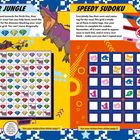 "Dinosaur Jungle" und "Speedy Sudoku" Titel. Links Labyrinth mit Edelsteinen, rechts ein Sudoku mit Figuren. Bunte Illustrationen.