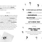 Texte hervorheben: "In this book you will find:", "The CASE", "The BACKGROUND", "THE MYSTERY", "LET'S SOLVE THIS!", "LOVED THIS? FIND OUT MORE!" Vielfältige Schrifttypen. Ein schwarz-weißes Insekten-Illustration. Fragezeichen verteilt.