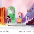 „Just then, Daisy got home.“ „What did I miss?“ Herbie asked calmly. Illustration: Mädchen an geöffneter Tür, Junge mit Katze.