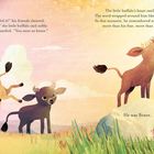 Text: „You did it!“, „I did it“, „You were so brave“, „The little buffalo’s heart swelled. Brave.“, „He was Brave.“ Illustration zeigt fröhliche Büffeljunge.