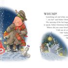 Text: WHUMP! Etwas Rot-Weißes fiel zu Boden. Illustration: Weihnachtsmann, Mann mit Schal, Tiere im Schnee, Laternen.