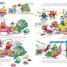 Illustration: Eine Straße mit Tieren in Fahrzeugen und Polizisten. Ein Unfall passiert, Fahrzeuge sind beschädigt.