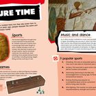 "LEISURE TIME" in großer fetter Schrift oben. Beschreibt alte ägyptische Freizeitaktivitäten: Sport, Musik, Spiele.