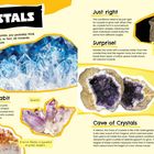 Überschrift: CRYSTALS. Texte über Kristallstrukturen, geologische Bedingungen und Höhlen. Bilder von bunten Kristallen. Seiten 52-53.