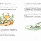 Texte: "The tortoise smiled, pleased with his own cleverness..." 
Links: Tiere an einem Tisch. Rechts: Nilpferd im Wasser, Illustration.