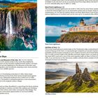 "Kilt Rock and Mealt Waterfall," "Neist Point Lighthouse," "Old Man of Storr." Felsige Küstenlandschaft mit Wasserfall, Leuchtturm.