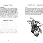 Texte: "PLANT THIS", "Bargain perennials", "PRUNE THIS", "Trained apple and pear trees", "SOMETHING TO SAVOUR", "Plums". Illustration: Pflaume.