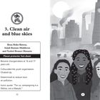 "3. Clean air and blue skies. Beau Boka-Batesa, Anjali Raman-Middleton und Nyeleti Brauer-Maxaecia." Drei junge Frauen lächeln vor einer grauen Stadtsilhouette mit Autos und rauchenden Schornsteinen.