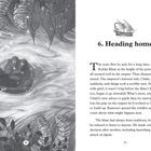 Kapitelüberschrift: "6. Heading home". Illustration: Drei Menschen in warmer Kleidung treiben in einem Korb auf einem Fluss.