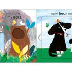 Texte: "Here are my ears,", "now hear me...". Illustration: Bunte Blätter, ein Hund, ein Welpe, Vögel und Schmetterlinge.