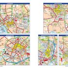 Karten von Liverpool, Nottingham, Manchester, Newcastle, Preston mit Straßennamen und markanten Orten wie Flüssen.