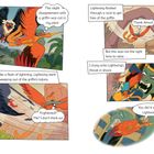 In einer dramatischen Illustration kämpft ein orangefarbener Vogel mit einem Greif und entkommt dessen Klauen. Speech Bubbles zeigen Gedanken.