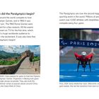 "Wann begannen die Paralympics?" und "Die Paralympics sind jetzt..." Eine Mauer in Landschaft; Rennrollstuhlfahrer beim Wettkampf.
