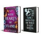 Links: "With Hearts of Flame" oben und "Briar Boleyn" unten, umgeben von Drachen und blauen Rosen. Rechts: Drache mit "You are the flame I would end the world to keep burning".