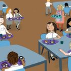Zahlen 22, 23 unten. Schulkinder in einer Kantine, manche essen, andere holen Tabletts mit Essen. Ein Erwachsener trägt eine Schürze.