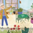 Illustration von einem Mann mit Kind auf einem Balkon, umgeben von Pflanzen und Gartenmöbeln.