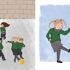 Illustration: Links spielen Kinder mit einem Ball, eine Lehrerin steht, rechts kickt ein Mädchen den Ball.