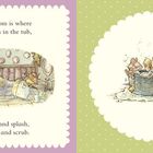 Links: "The bathroom is where we have fun in the tub, and splish and splash, as we soap and scrub." Rechts: Mäuse baden.