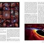 Links oben: "Eine Sammlung von 19 verschiedenen Spiralgalaxien, abgebildet von JWST." Unten rechts: "Die Schlüsselkomponenten eines Schwarzen Lochs."