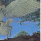 Text: "Plop slept nearly all day. By evening he was wide awake." Illustration: Zwei Eulen, eine große mit ausgebreiteten Flügeln und eine kleine, auf einem Ast.