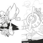 Links: Zwei anthropomorphe Igel springen dynamisch nach vorne. Rechts: Ein Fuchs steuert ein Flugzeug, Wolken im Hintergrund.