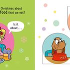 "Is Christmas about the food that we eat? Is it about..." Illustration: Mädchen mit Essensplatte und grüne Figur mit Chaos.