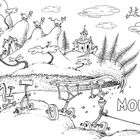 Text: "Kid, you'll move mountains!" Illustration mit skurrilen Bergen, fantasievollen Bauten und Figuren.