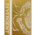 Text: "Veronica Roth, Divergent, Harper." Goldener Hintergrund, weiße Pflanzenmuster.