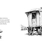 Text: "They saw a gipsy caravan, shining with newness, painted a canary-yellow picked out with green, and red wheels." Illustration: Ein dekorierter Zigeunerwagen mit Figuren.