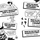 Comic mit Witzen: "Why didn't the butcher want to skydive? The steaks were too high!" und andere. Comic-Figuren reagieren.