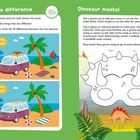 Links steht "Spot the difference" über zwei Strandbildern mit Unterschieden; rechts "Dinosaur masks!" mit Dino-Masken-Vorlage.