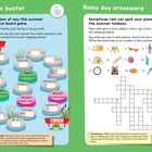 Links: "Boredom buster" Brettspiel mit Matheaufgaben. Rechts: "Rainy day crossword" mit Bildern zum Raten.