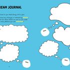 "Dream Journal" in großen Buchstaben. Gedankenblasen für Träume, mit "Date:" Feldern zum Ausfüllen auf blauem Hintergrund.