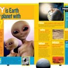Texte: "WHY is Earth the only planet with LIFE?", "How are astronomers searching for alien life?", "Why does Mars have a face on it?". 

Zwei Aliens, Planeten und Raumschiffe. Magazine-Layout.