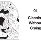 01 Cleaning Without Crying. Eine schwarz-weiße Illustration zeigt einen Staubsauger und Reinigungsobjekte.