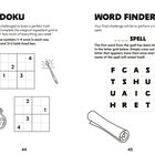 Text: "Sudoku" und "Word Finder" mit Anleitungen. 
Links Zahlen in Gitter, Zauberstab und Flasche; rechts Buchstabenfeld, Schriftrolle.