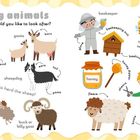 "Keeping animals. Which animals would you like to look after?" Illustration mit Tieren, Imker, Schäfer.